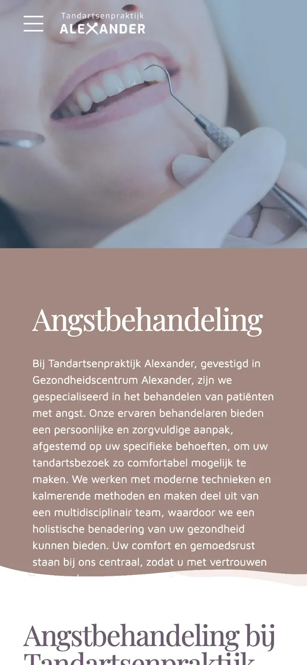 The Anxiety treatment page of tandartsenpraktijkalexander.nl on a phone