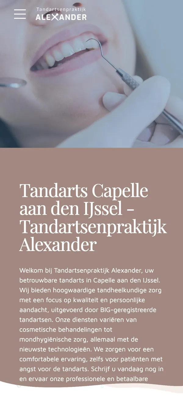 The Dentist Capelle page of tandartsenpraktijkalexander.nl on a phone