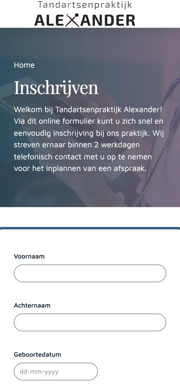 Screen of tandartsenpraktijkalexander.nl: Register