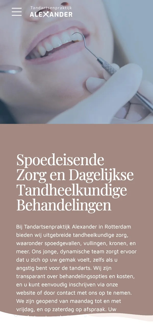The Emergencies page of tandartsenpraktijkalexander.nl on a phone
