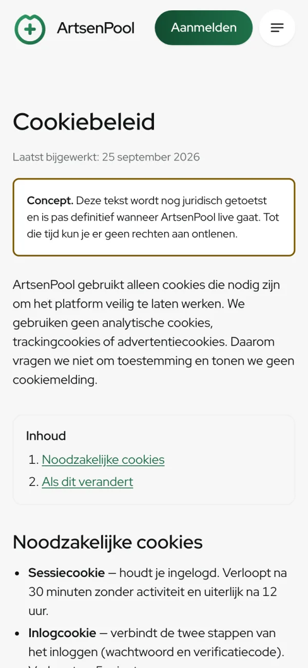 The Cookie policy page of artsenpool.com on a phone