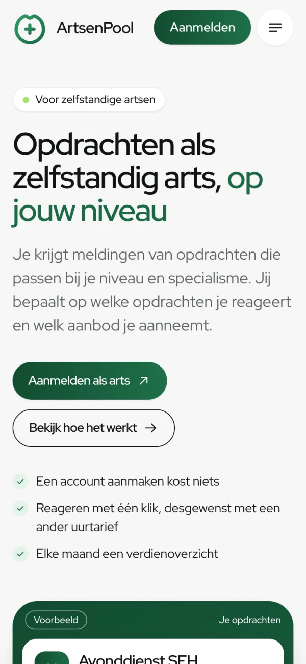 Screen of artsenpool.com on a phone: For doctors