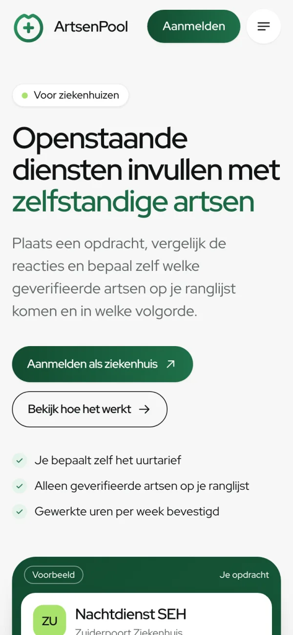 Screen of artsenpool.com on a phone: For hospitals