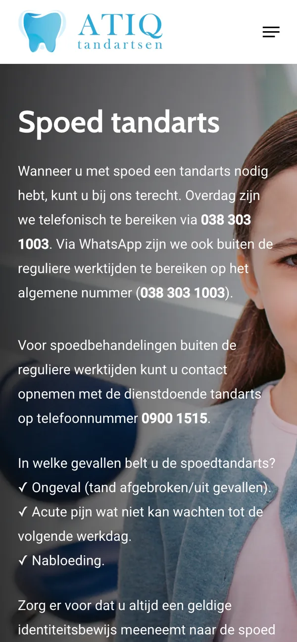 The Emergency dentist page of tandarts-zwolle.nl on a phone
