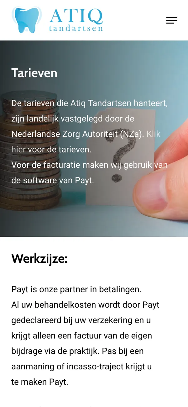 The Rates page of tandarts-zwolle.nl on a phone