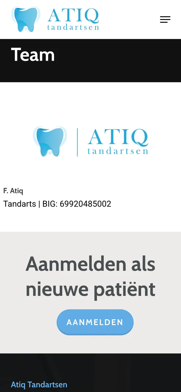 The Team page of tandarts-zwolle.nl on a phone