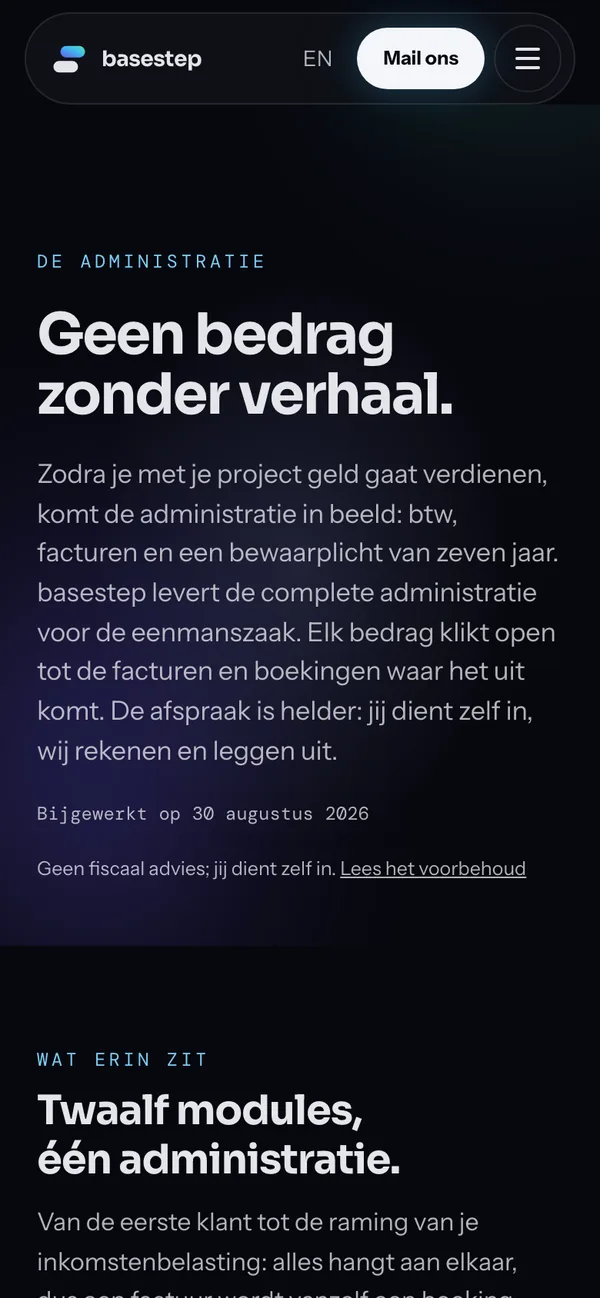 Screen of basestep.io on a phone (in Dutch): Bookkeeping