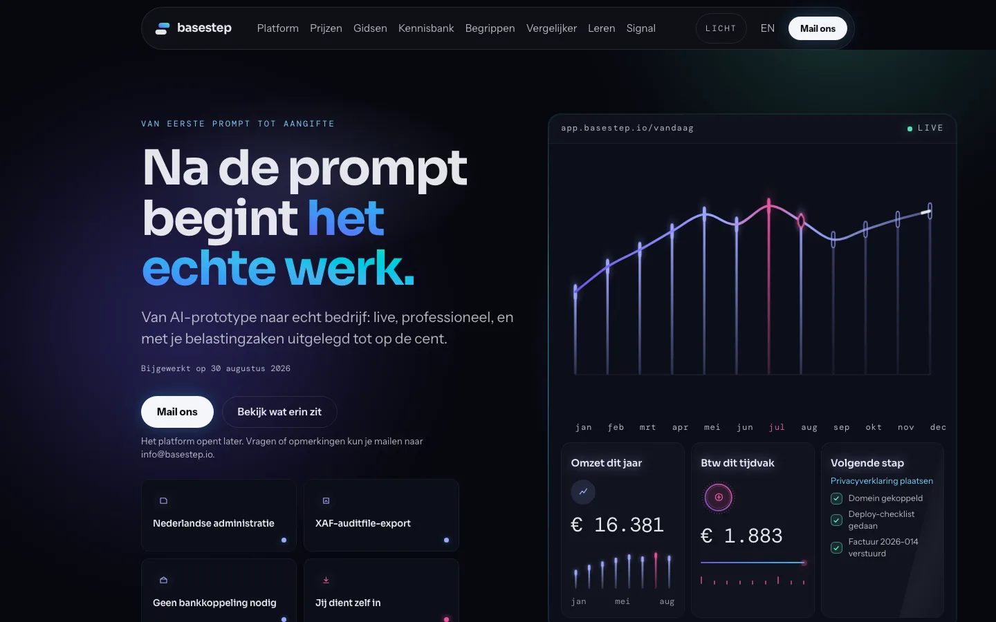 The basestep.io homepage in dark mode