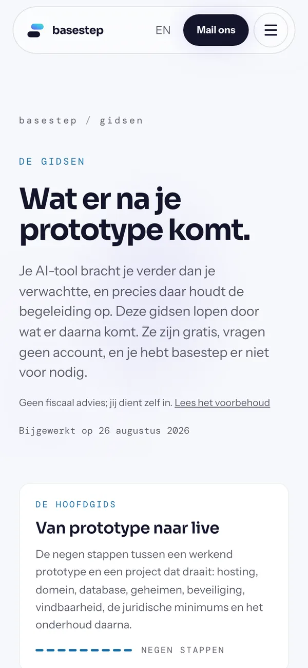 Screen of basestep.io on a phone (in Dutch): Guides