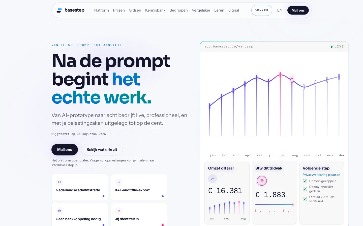 The basestep.io homepage in light mode