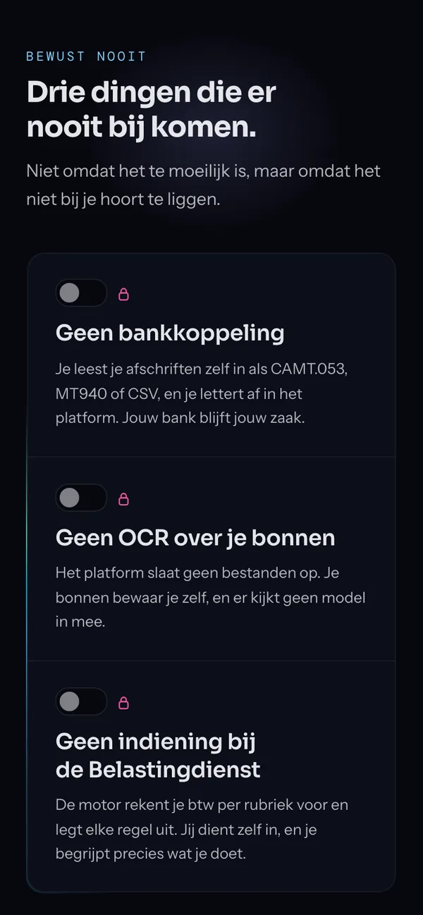 Screen of basestep.io on a phone (in Dutch): Deliberately never