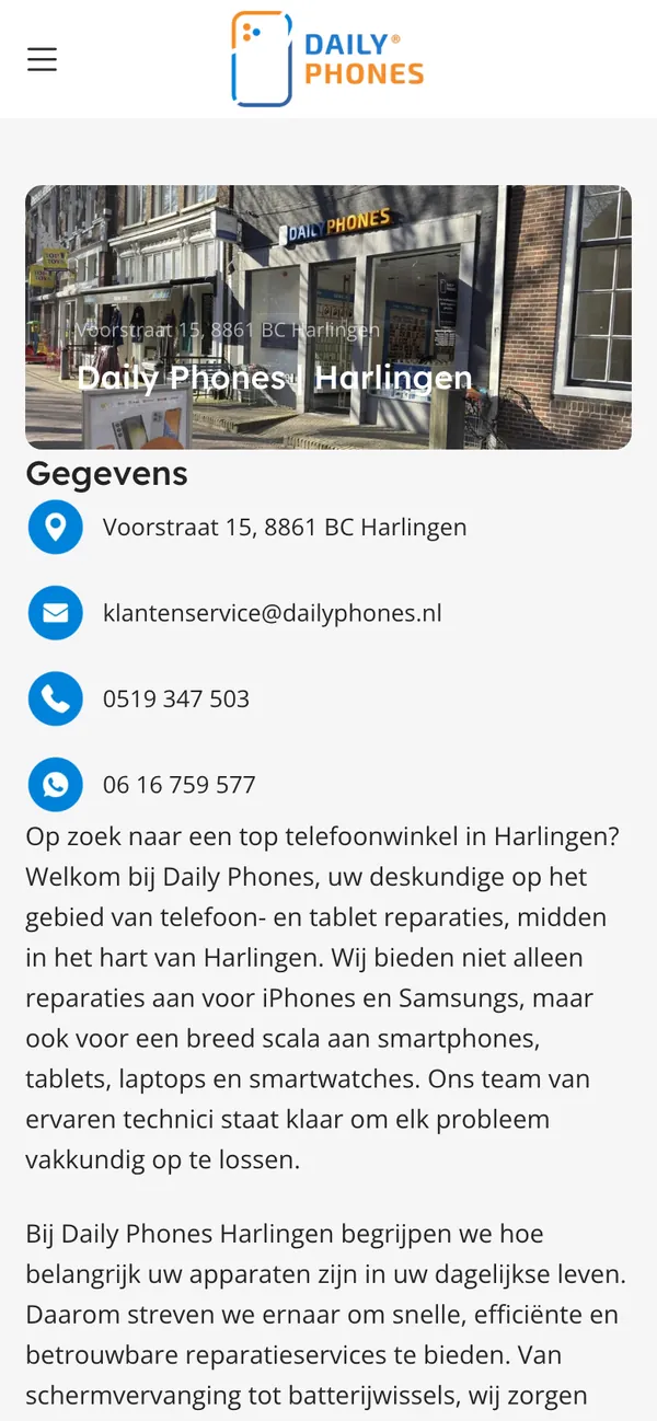 De pagina Winkel Harlingen van dailyphones.nl op een telefoon