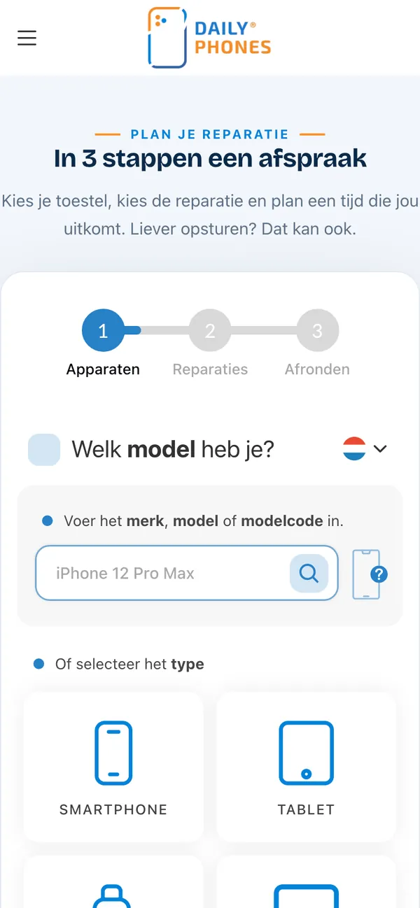 Scherm van dailyphones.nl: Kies je toestel