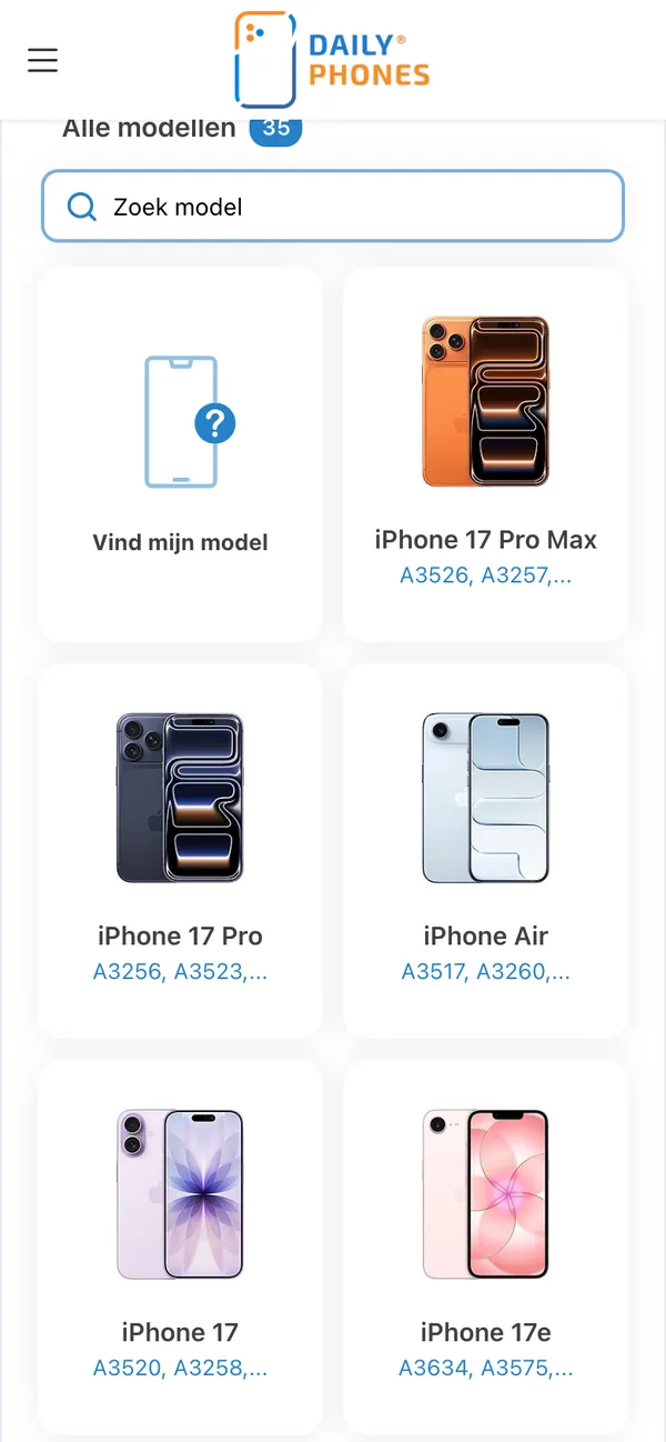 Scherm van dailyphones.nl: Kies je model