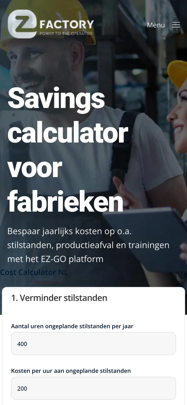 Screen of ezfactory.nl: Calculate your saving