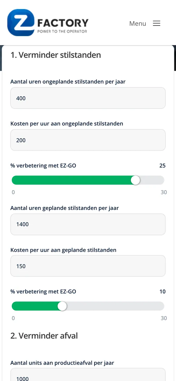 Screen of ezfactory.nl: Enter your own figures