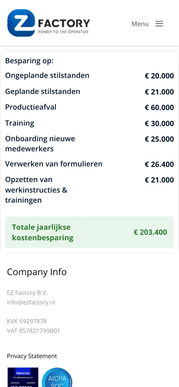 Screen of ezfactory.nl: See the saving