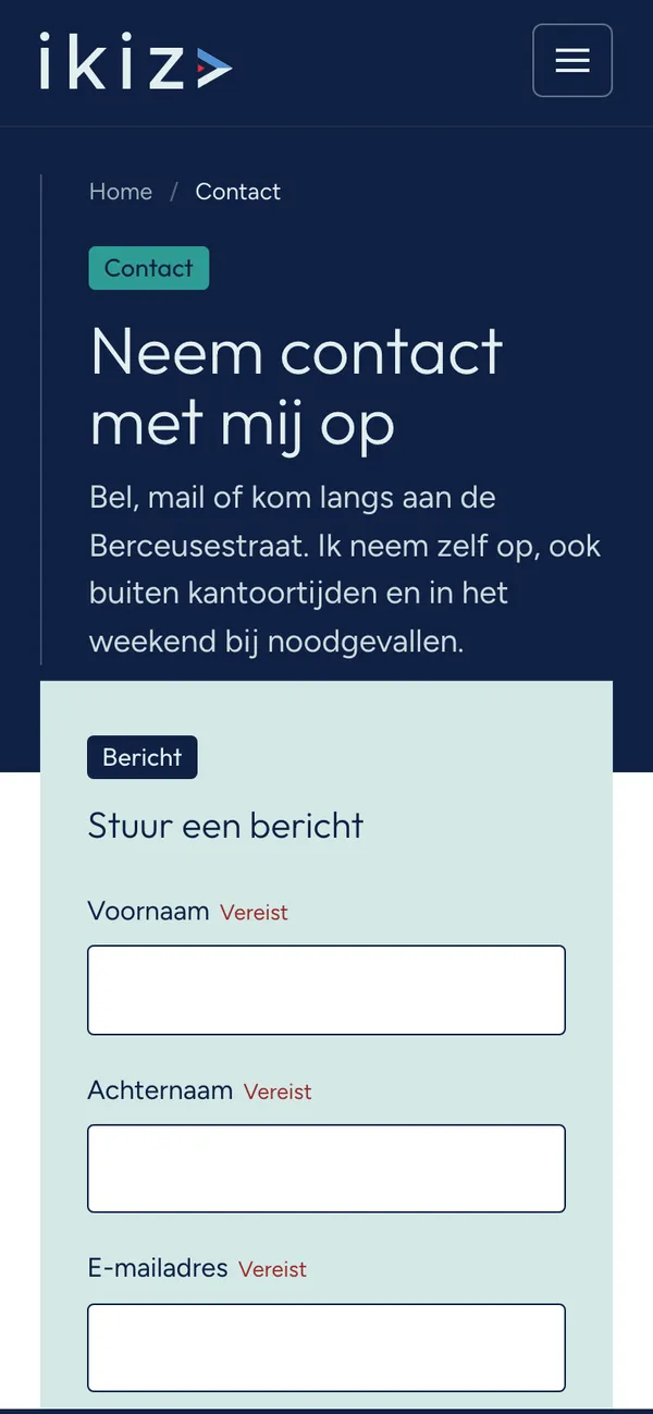 Die Seite Kontakt von ikiz.nl auf einem Handy