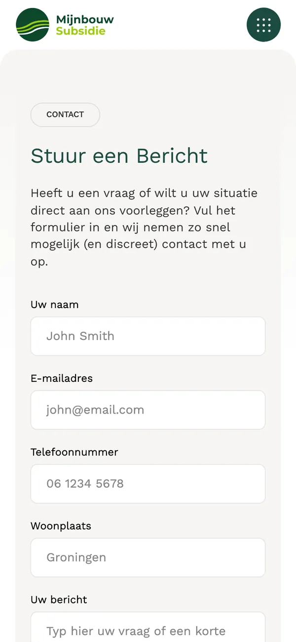 Screen of mijnbouwsubsidie.nl: Send a message