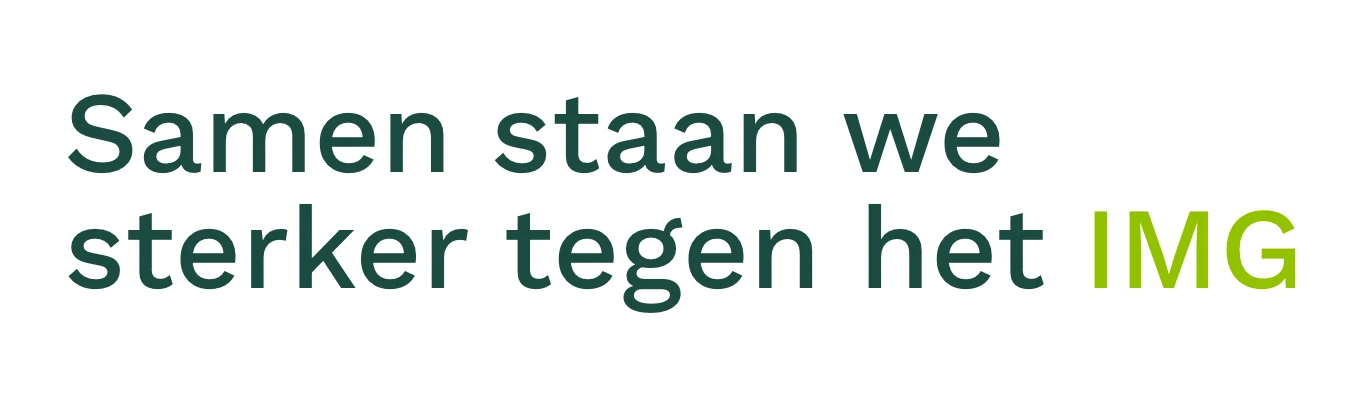 A homepage heading in Work Sans: Samen staan we sterker tegen het IMG