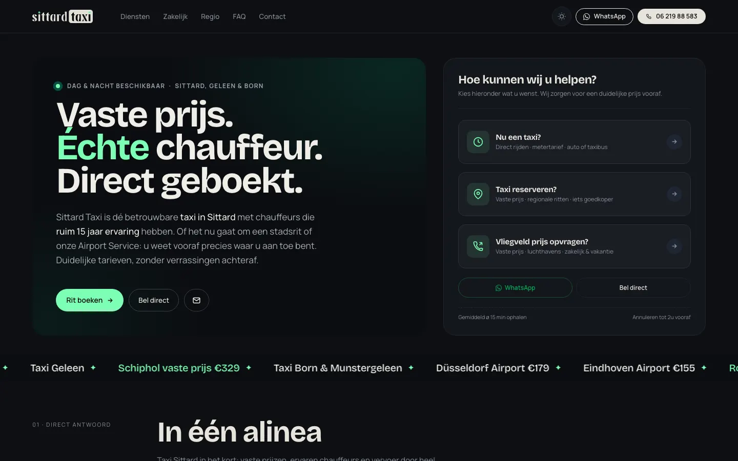 Die Startseite von Sittard Taxi im dunklen Theme