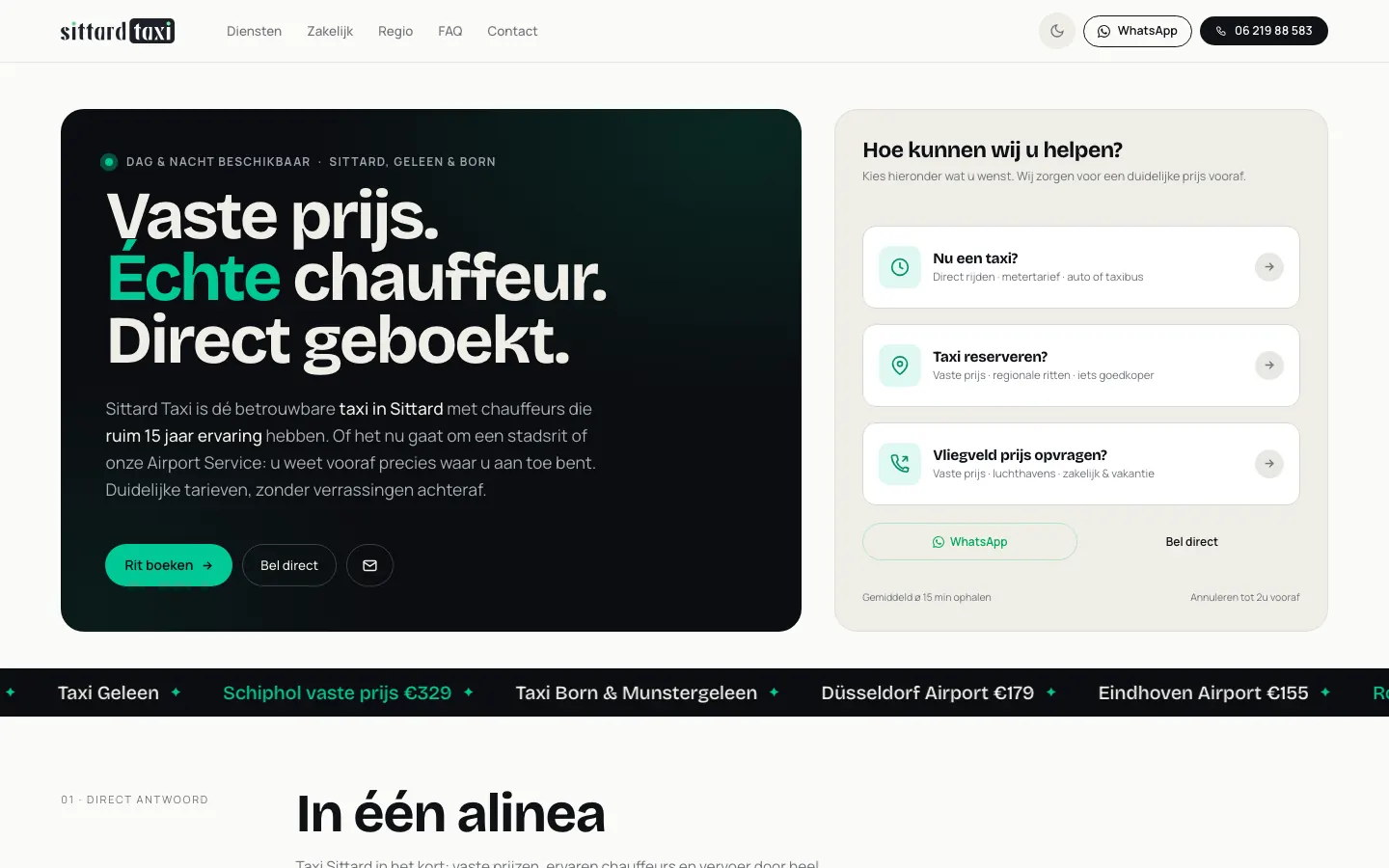 Die Startseite von Sittard Taxi im hellen Theme