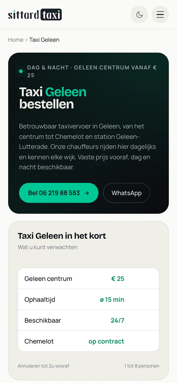 Die Seite Taxi Geleen von sittardtaxi.com auf einem Handy