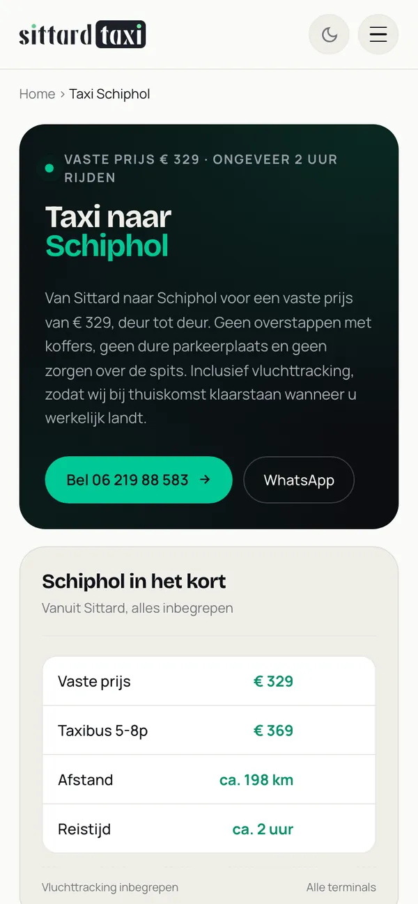 Die Seite Taxi nach Schiphol von sittardtaxi.com auf einem Handy