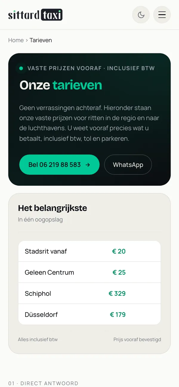 Die Seite Tarife von sittardtaxi.com auf einem Handy