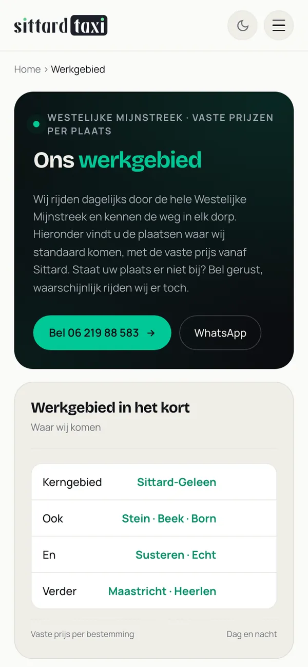 Die Seite Einsatzgebiet von sittardtaxi.com auf einem Handy