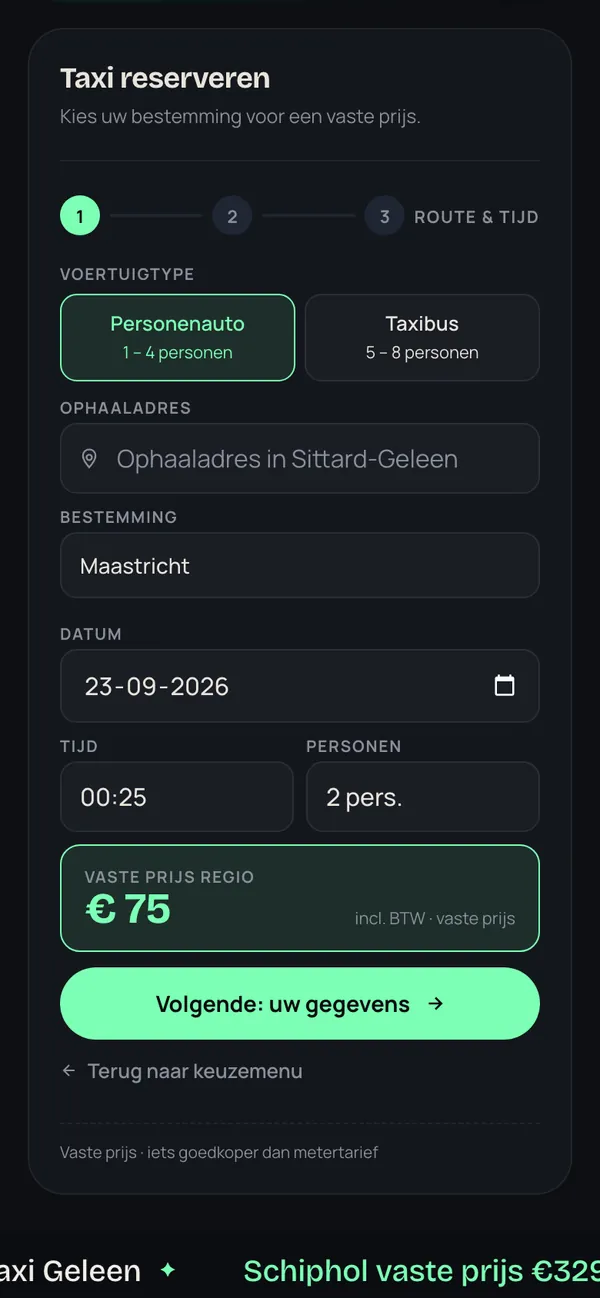 Bildschirm des Buchungsassistenten auf sittardtaxi.com: Ziel wählen