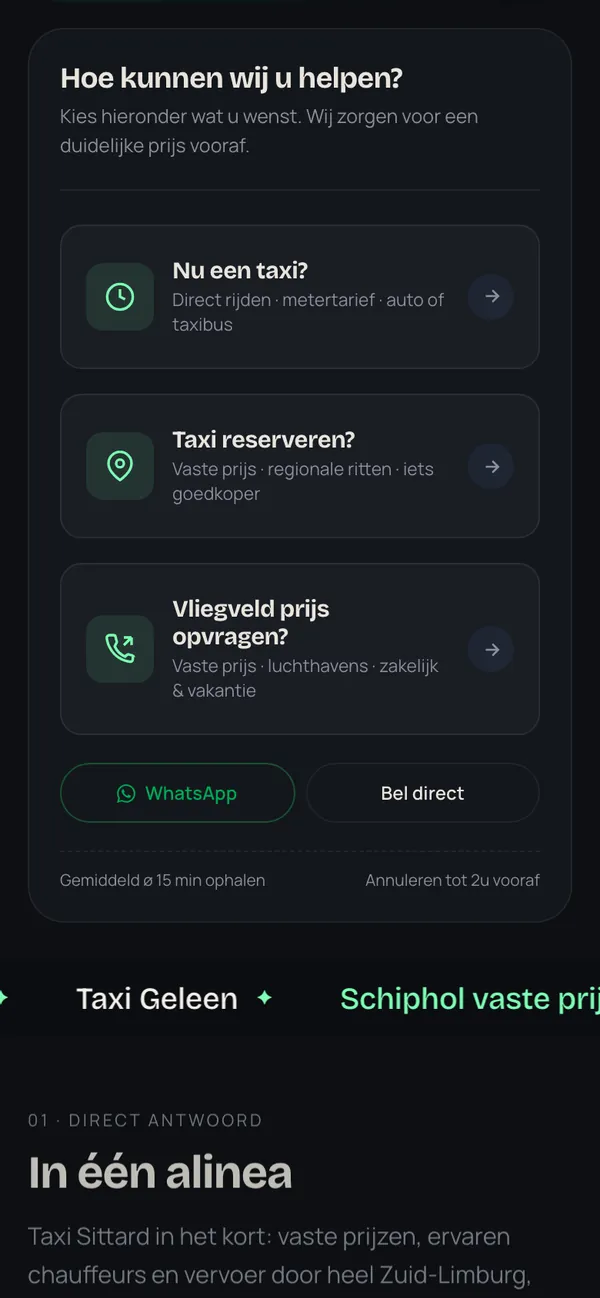 Bildschirm des Buchungsassistenten auf sittardtaxi.com: Wählen, was Sie brauchen