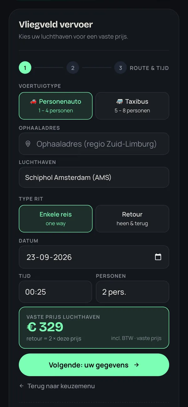 Bildschirm des Buchungsassistenten auf sittardtaxi.com: Oder einen Flughafen wählen