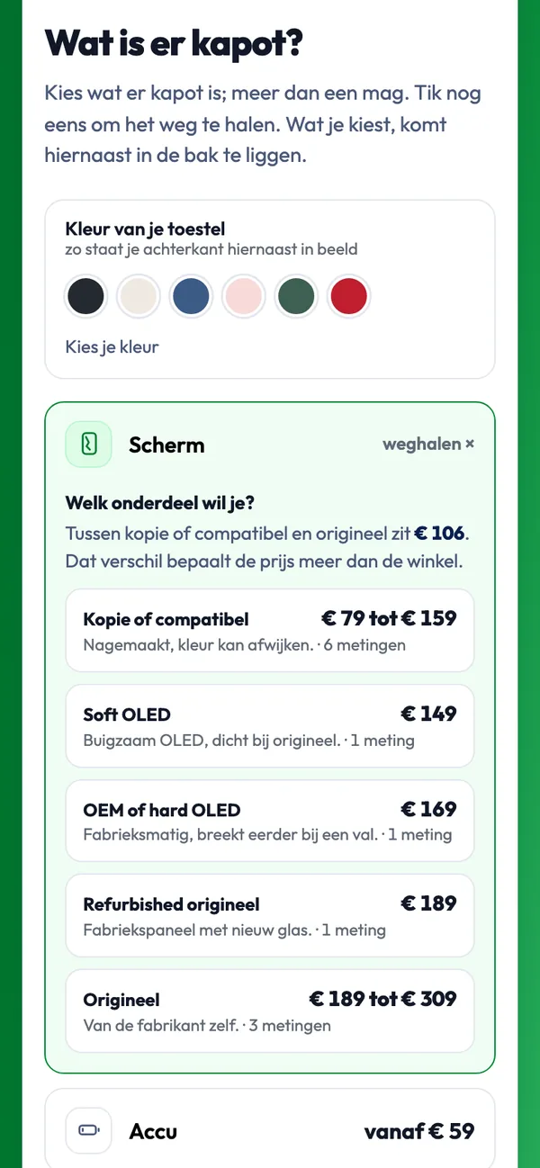 Screen of snelrepareren.nl: Per part