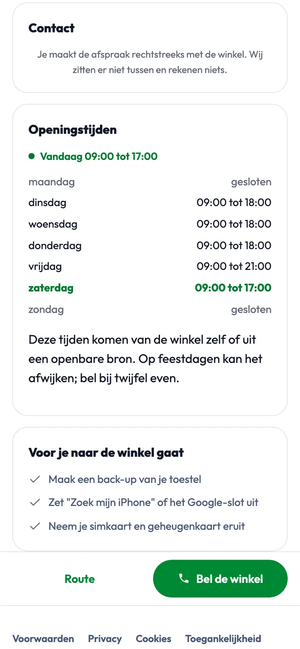 Screen of snelrepareren.nl: Call or route