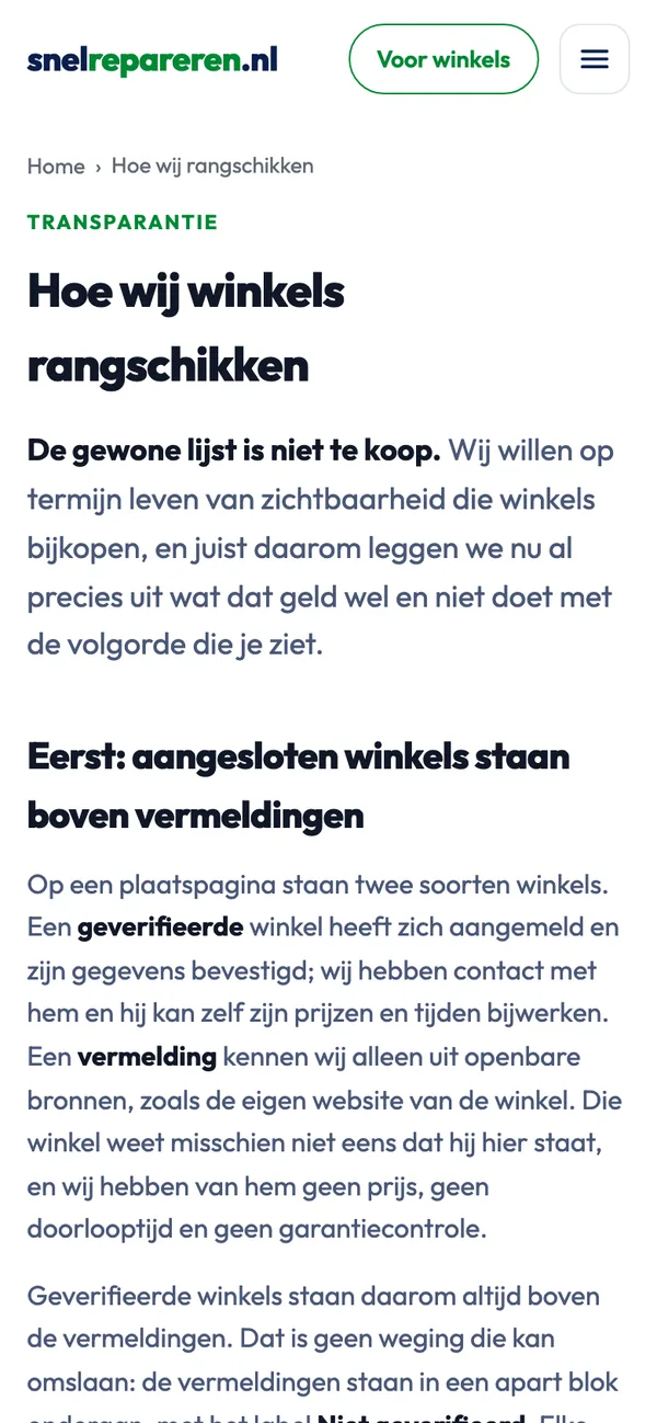 Screen of snelrepareren.nl: How we rank