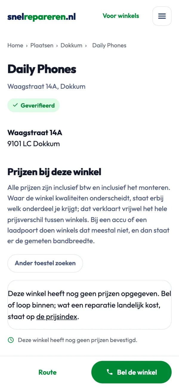 Screen of snelrepareren.nl: Shop page