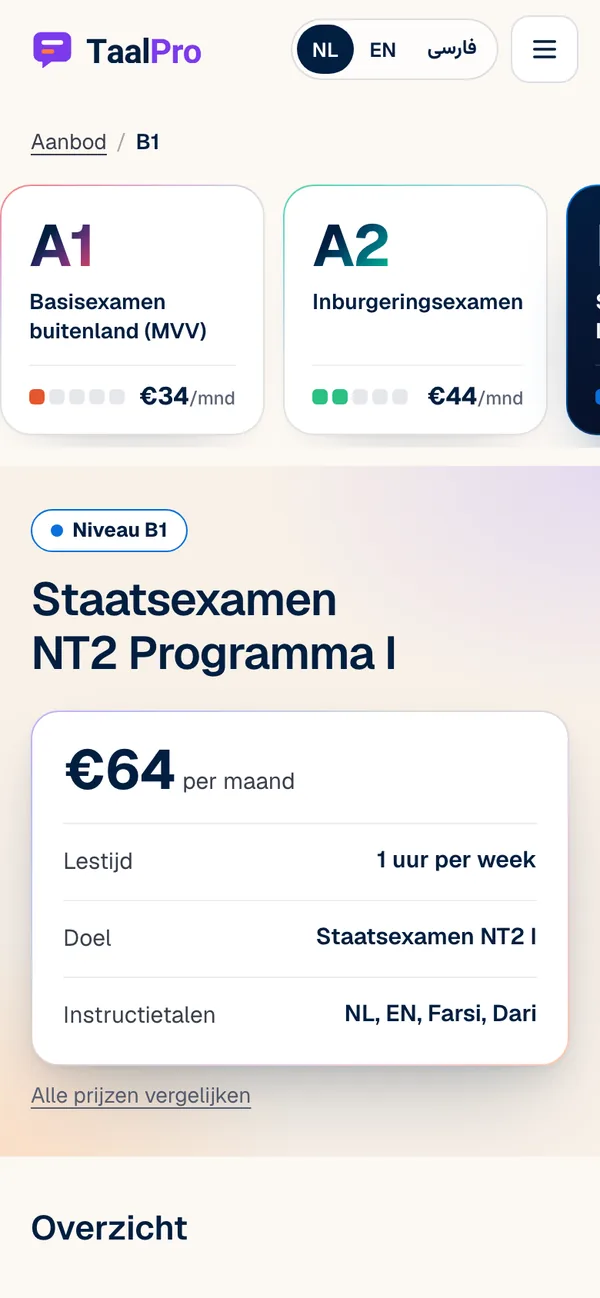 The Course B1 page of taalpro.nl on a phone