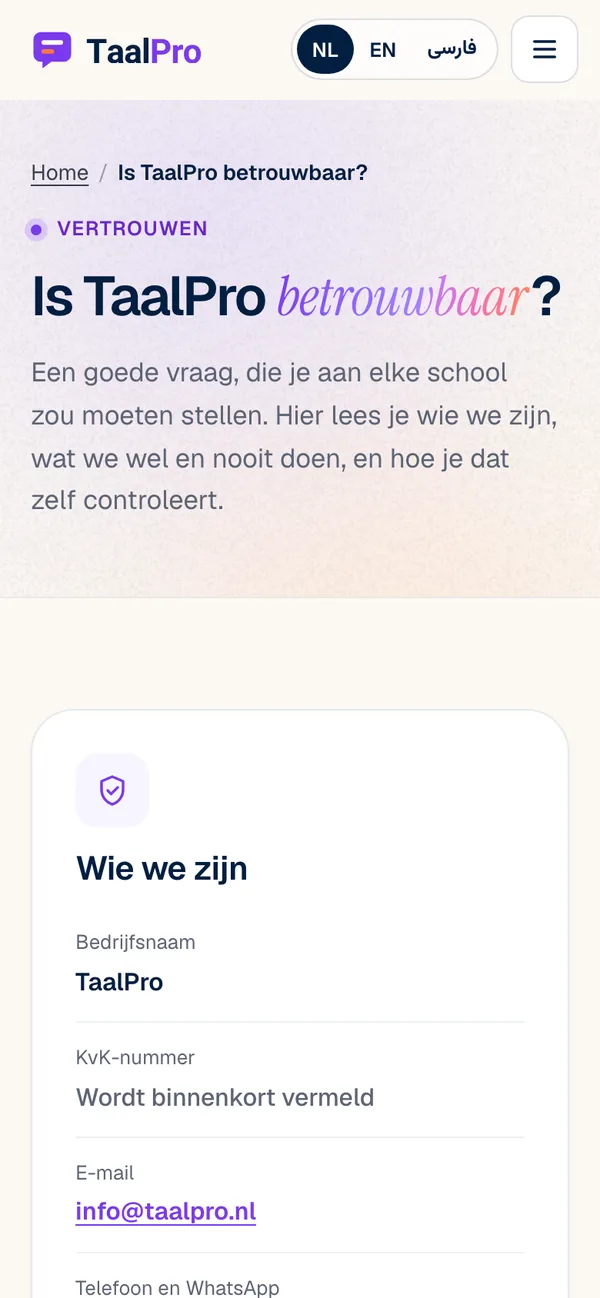 The Trust page of taalpro.nl on a phone