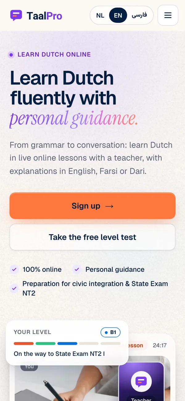 Screen of taalpro.nl: the homepage in English