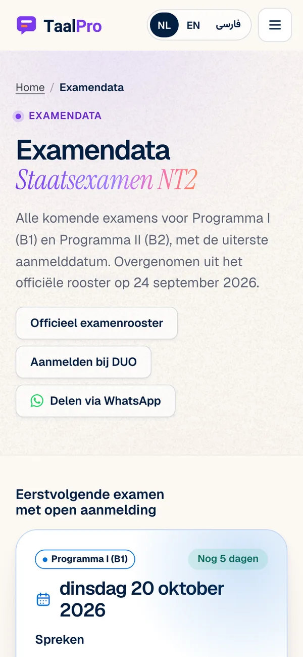 The Exam dates page of taalpro.nl on a phone