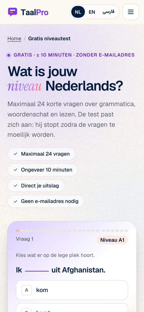 Screen of taalpro.nl: Level test