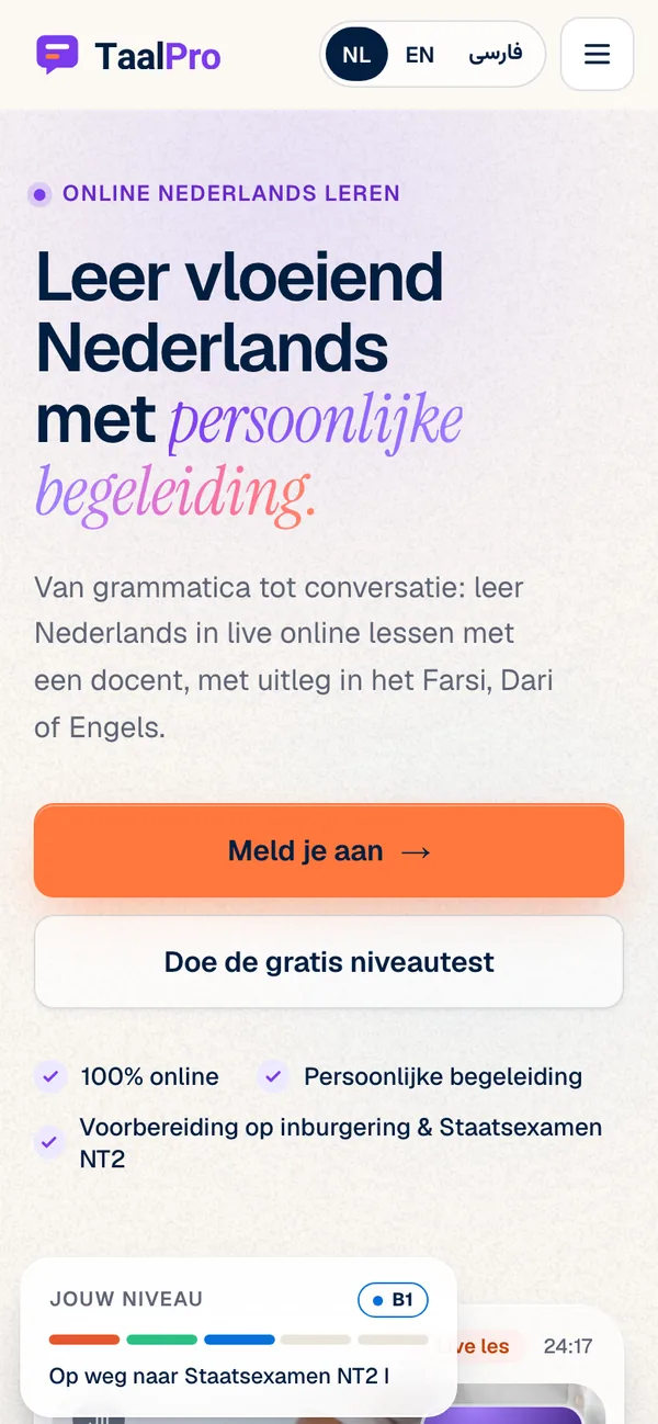 Screen of taalpro.nl: the homepage in Dutch