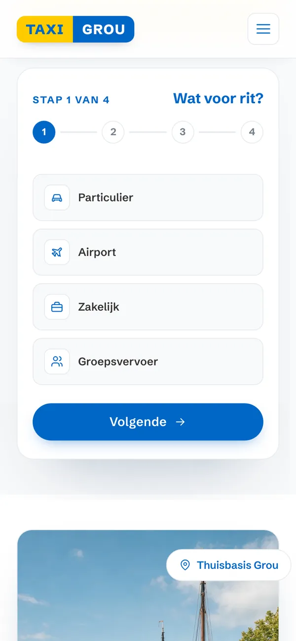 Screen of taxigrou.nl: What kind of ride?