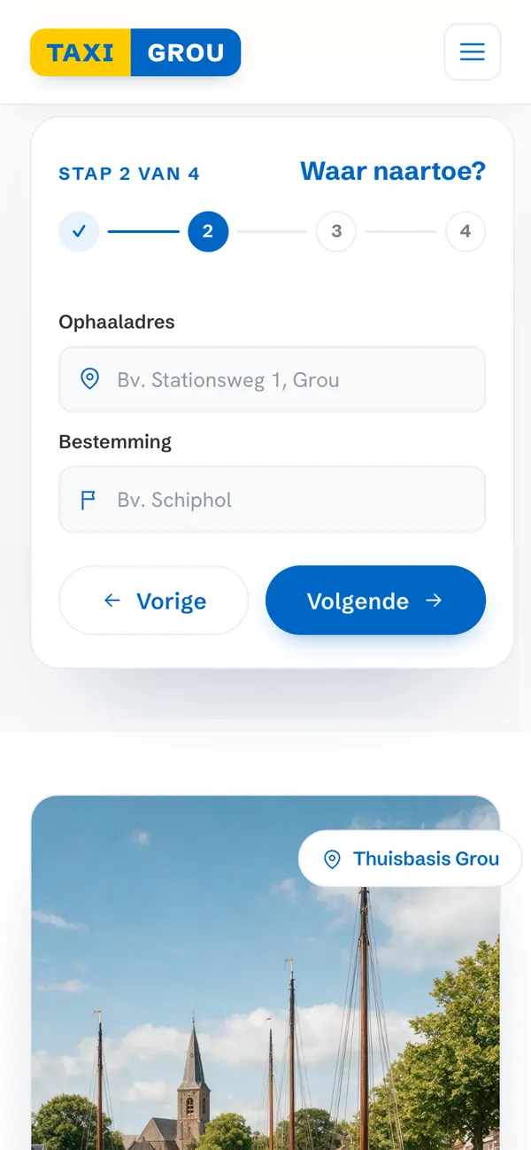 Screen of taxigrou.nl: Where to?