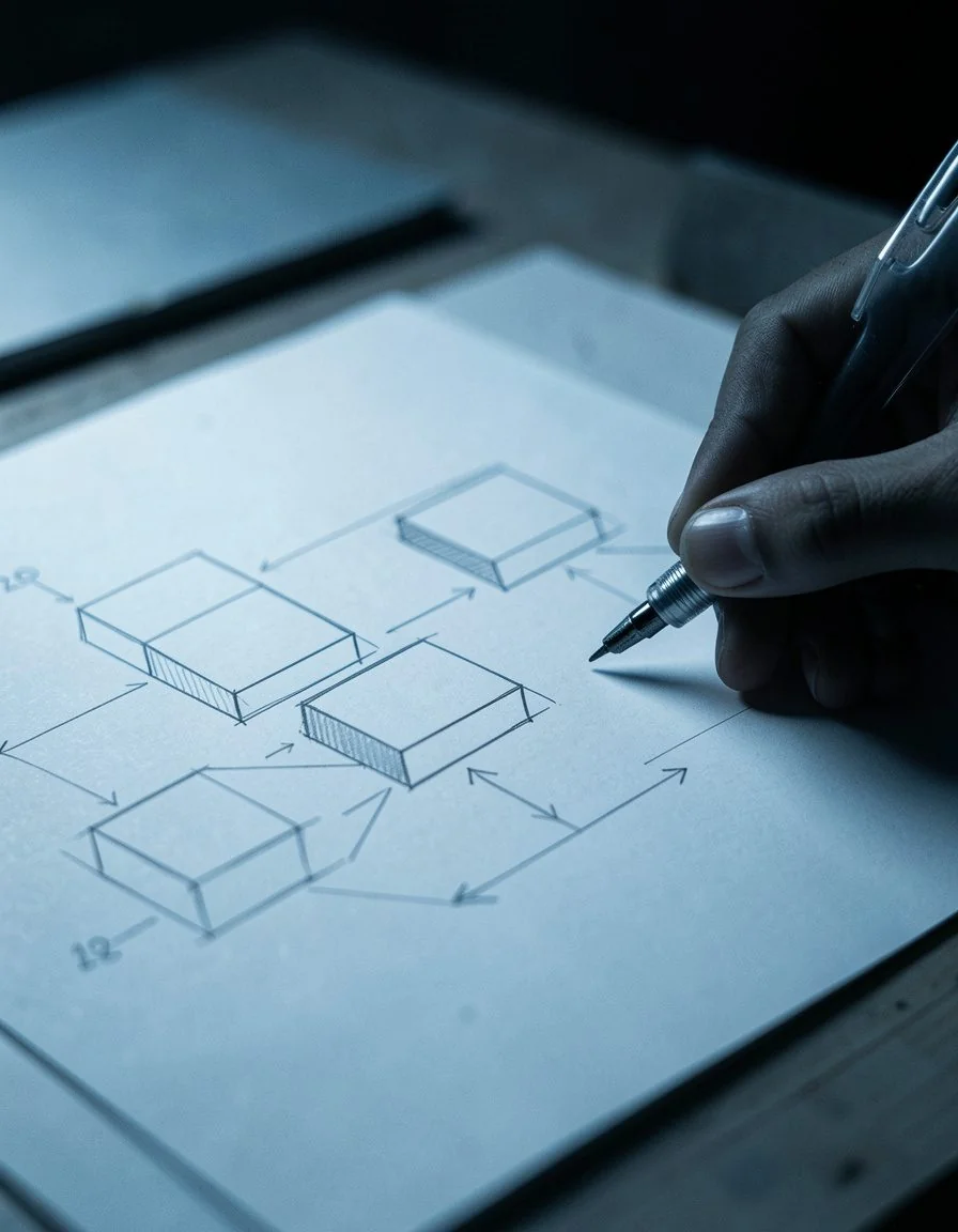 Sketches and wireframes of an ongoing project on the desk