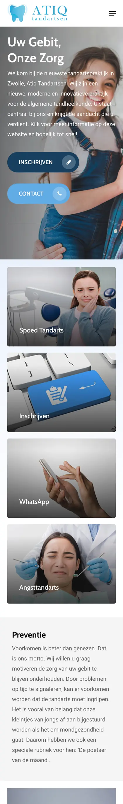 De website van Atiq Tandartsen op een telefoon