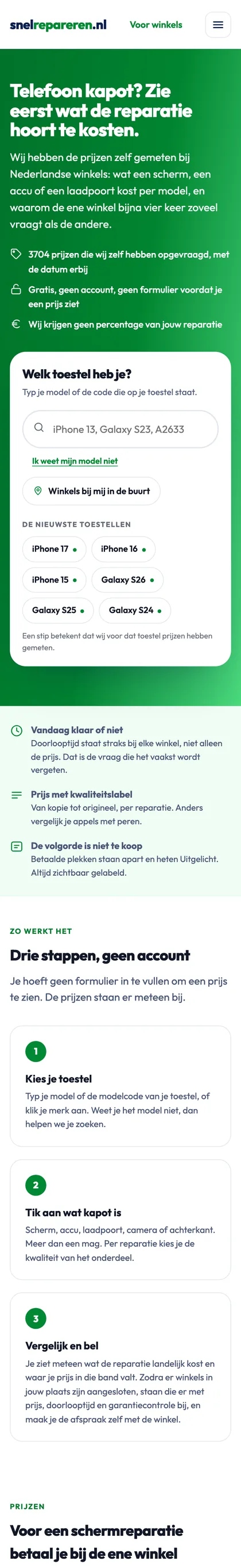 The snelrepareren.nl website on a phone